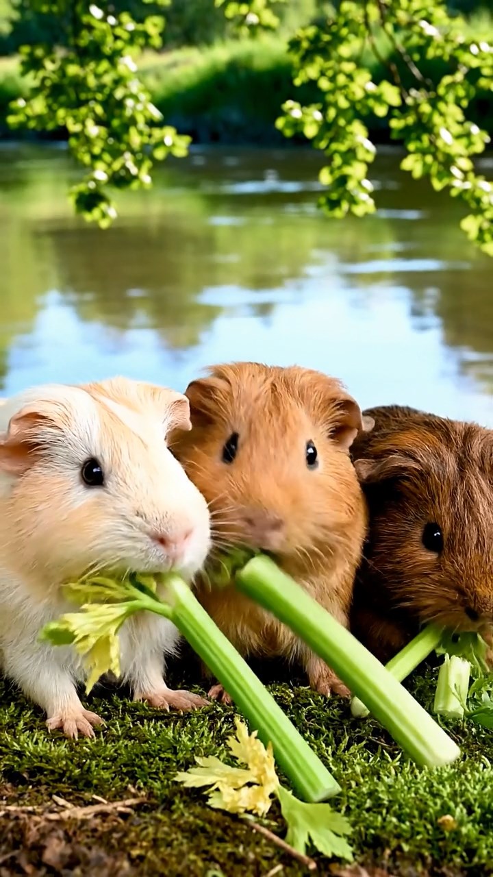 616. Realistic scene of 1 smooth-haired Californian guinea pig with Cream fur, munching on strawberries, in a fragrant citrus orchard with rows of orange trees glistening with dew, under warm sunlight, capturing a vivid, lifelike rural moment.
