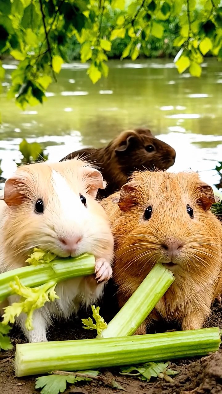 616. Realistic scene of 1 smooth-haired Californian guinea pig with Cream fur, munching on strawberries, in a fragrant citrus orchard with rows of orange trees glistening with dew, under warm sunlight, capturing a vivid, lifelike rural moment.