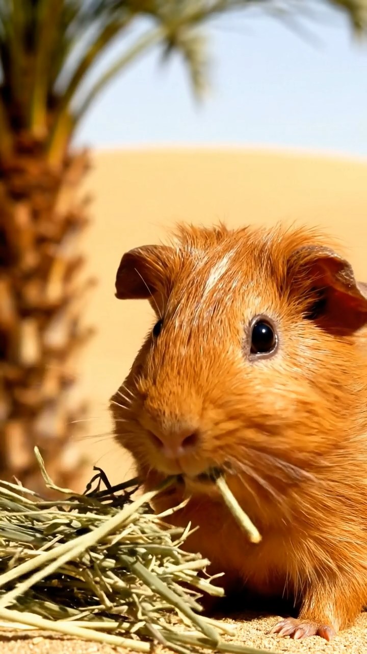 617. Detailed photo of 2 smooth-haired American guinea pigs with Fawn and Sable fur, dressed as bakers in tiny aprons, baking bread in a guinea pig bakery with hay ovens and wooden counters, under soft lamplight, creating a realistic, cozy culinary scene.