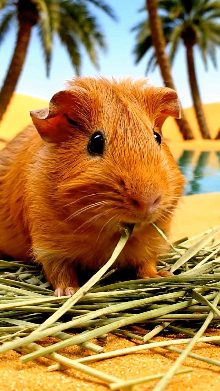 617. Detailed photo of 2 smooth-haired American guinea pigs with Fawn and Sable fur, dressed as bakers in tiny aprons, baking bread in a guinea pig bakery with hay ovens and wooden counters, under soft lamplight, creating a realistic, cozy culinary scene.