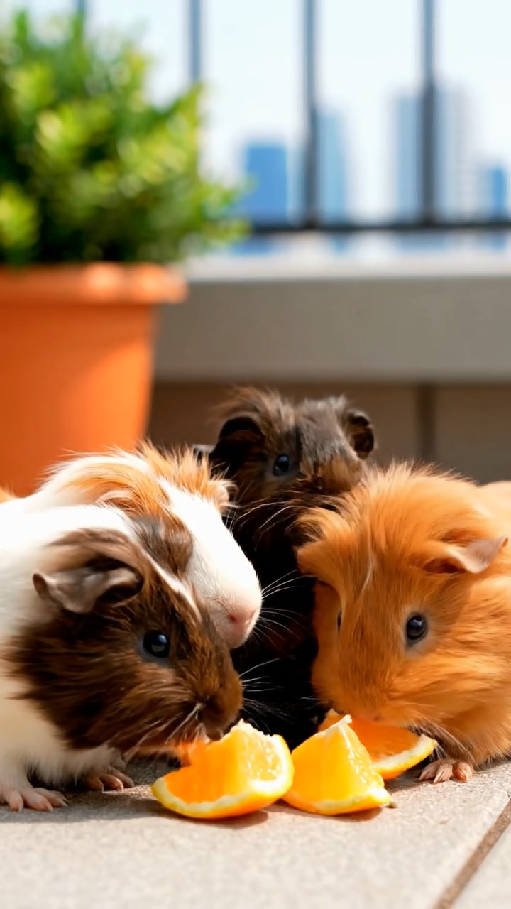 618. Photorealistic scene of 3 smooth-haired Teddy guinea pigs with Chocolate, Cinnamon, and Gray fur, exploring a maze of twigs and grass in a forested clearing with soft moss and scattered leaves, under dappled sunlight, enhancing the authentic, adventurous atmosphere.