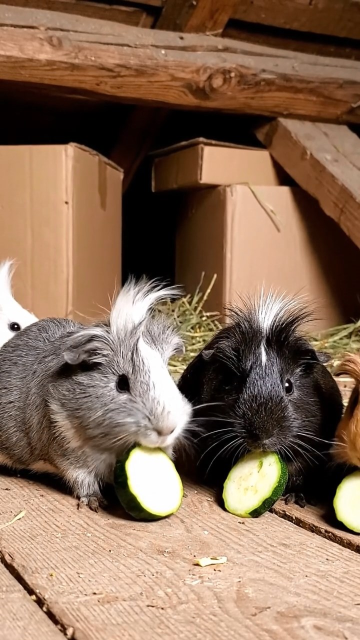 619. Highly detailed view of 4 smooth-haired Himalayan guinea pigs with White, Orange, Black, and Brown fur, dressed as writers in tiny scarves, typing stories in a guinea pig study with miniature books and hay desks, under warm lamplight, creating a vivid, realistic literary scene.