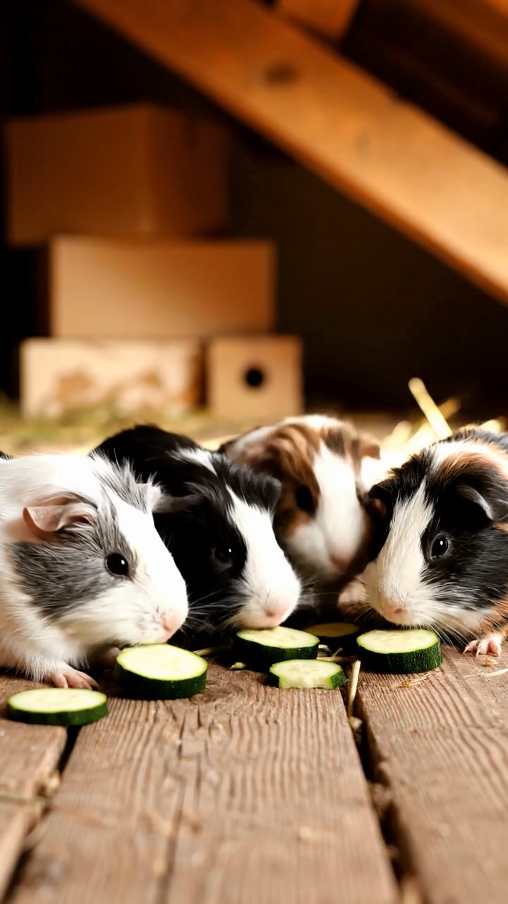 619. Highly detailed view of 4 smooth-haired Himalayan guinea pigs with White, Orange, Black, and Brown fur, dressed as writers in tiny scarves, typing stories in a guinea pig study with miniature books and hay desks, under warm lamplight, creating a vivid, realistic literary scene.