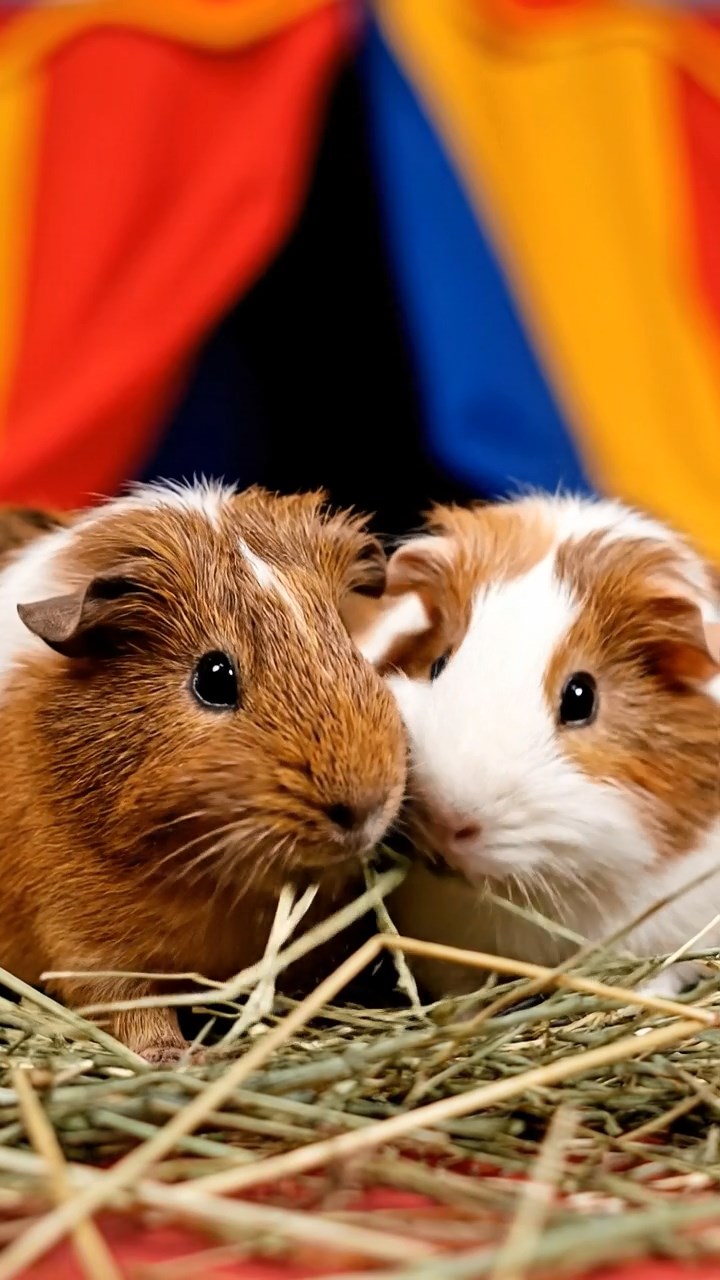 624. Realistic scene of 4 smooth-haired Californian guinea pigs with Fawn, Chocolate, Cinnamon, and Sable fur, dressed as firefighters in tiny uniforms, extinguishing a pretend fire in a guinea pig village with hay houses, under glowing streetlights, capturing a heroic, lifelike moment.