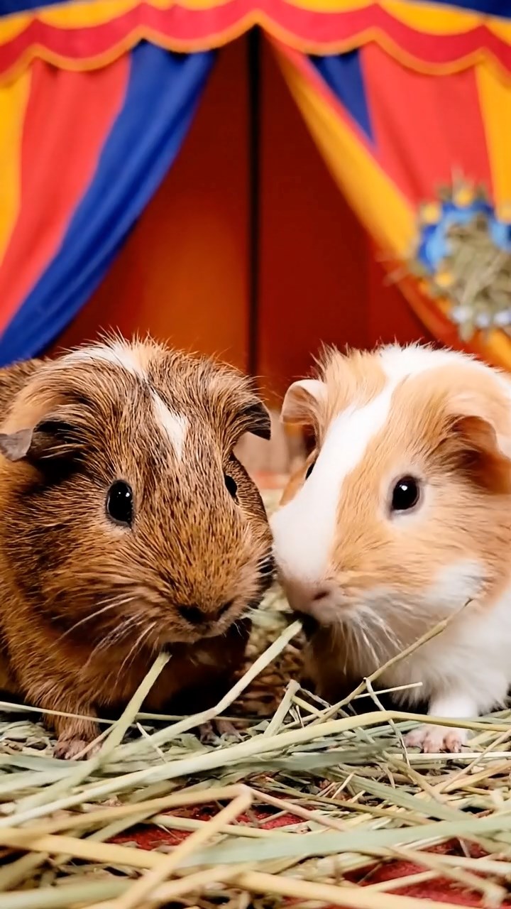 624. Realistic scene of 4 smooth-haired Californian guinea pigs with Fawn, Chocolate, Cinnamon, and Sable fur, dressed as firefighters in tiny uniforms, extinguishing a pretend fire in a guinea pig village with hay houses, under glowing streetlights, capturing a heroic, lifelike moment.