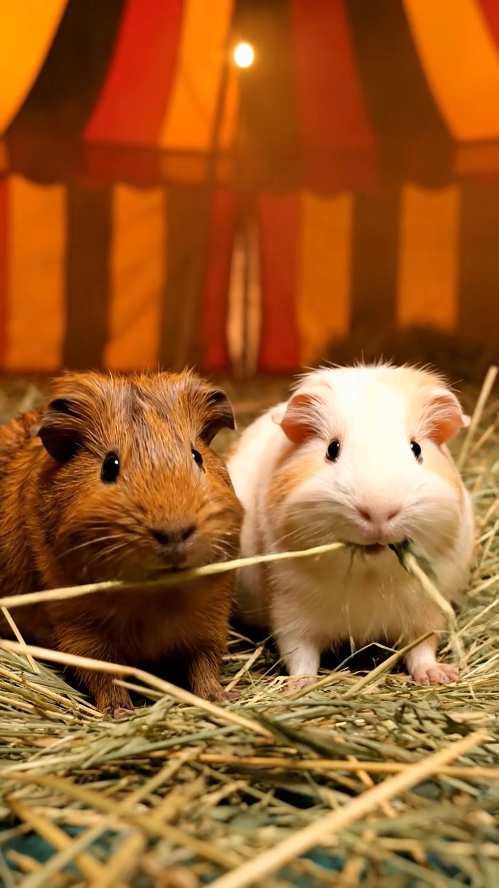 624. Realistic scene of 4 smooth-haired Californian guinea pigs with Fawn, Chocolate, Cinnamon, and Sable fur, dressed as firefighters in tiny uniforms, extinguishing a pretend fire in a guinea pig village with hay houses, under glowing streetlights, capturing a heroic, lifelike moment.