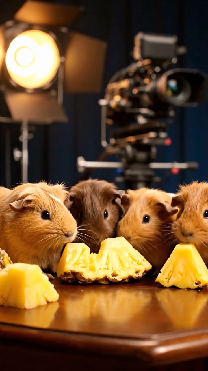625. Detailed photo of 5 smooth-haired American guinea pigs with White, Orange, Gray, Black, and Brown fur, foraging for clover in a lush meadow with wildflowers and a trickling stream, under soft morning light, creating a realistic, serene pastoral scene.