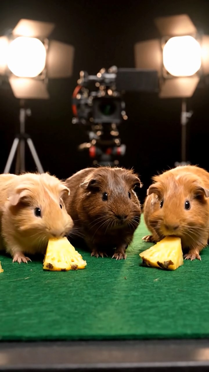 625. Detailed photo of 5 smooth-haired American guinea pigs with White, Orange, Gray, Black, and Brown fur, foraging for clover in a lush meadow with wildflowers and a trickling stream, under soft morning light, creating a realistic, serene pastoral scene.