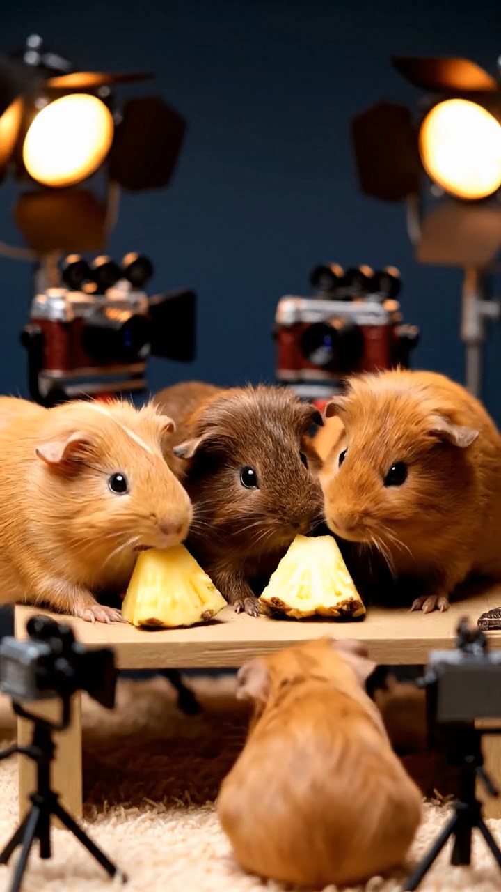 625. Detailed photo of 5 smooth-haired American guinea pigs with White, Orange, Gray, Black, and Brown fur, foraging for clover in a lush meadow with wildflowers and a trickling stream, under soft morning light, creating a realistic, serene pastoral scene.