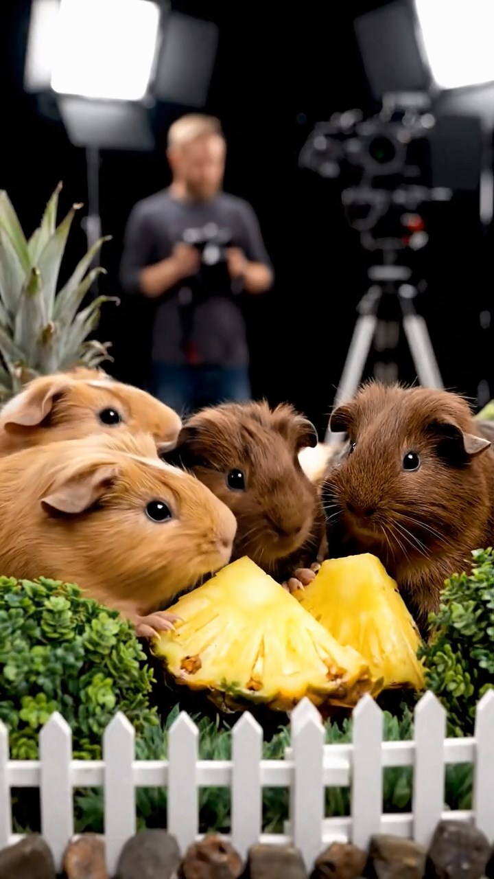 625. Detailed photo of 5 smooth-haired American guinea pigs with White, Orange, Gray, Black, and Brown fur, foraging for clover in a lush meadow with wildflowers and a trickling stream, under soft morning light, creating a realistic, serene pastoral scene.