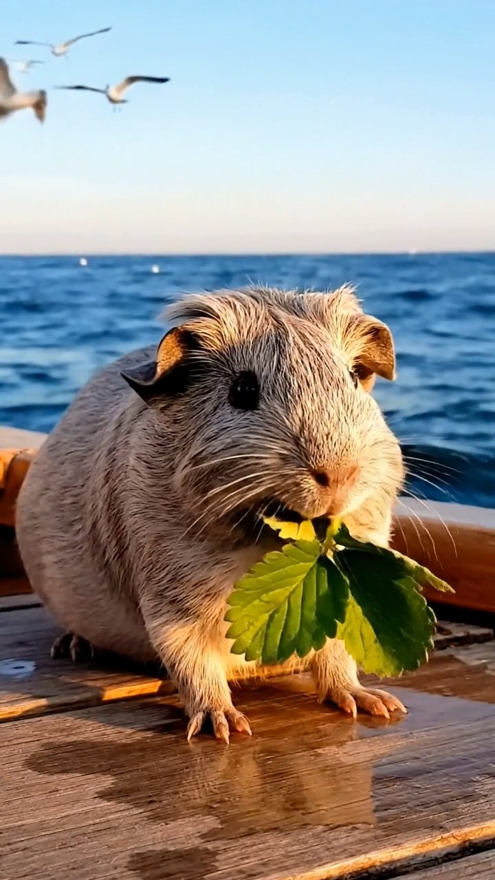 627. Highly detailed view of 2 smooth-haired Himalayan guinea pigs with Fawn and Sable fur, dressed as musicians in tiny vests, playing miniature pianos in a guinea pig concert hall with hay seats and velvet curtains, under warm spotlights, creating a realistic, elegant scene.