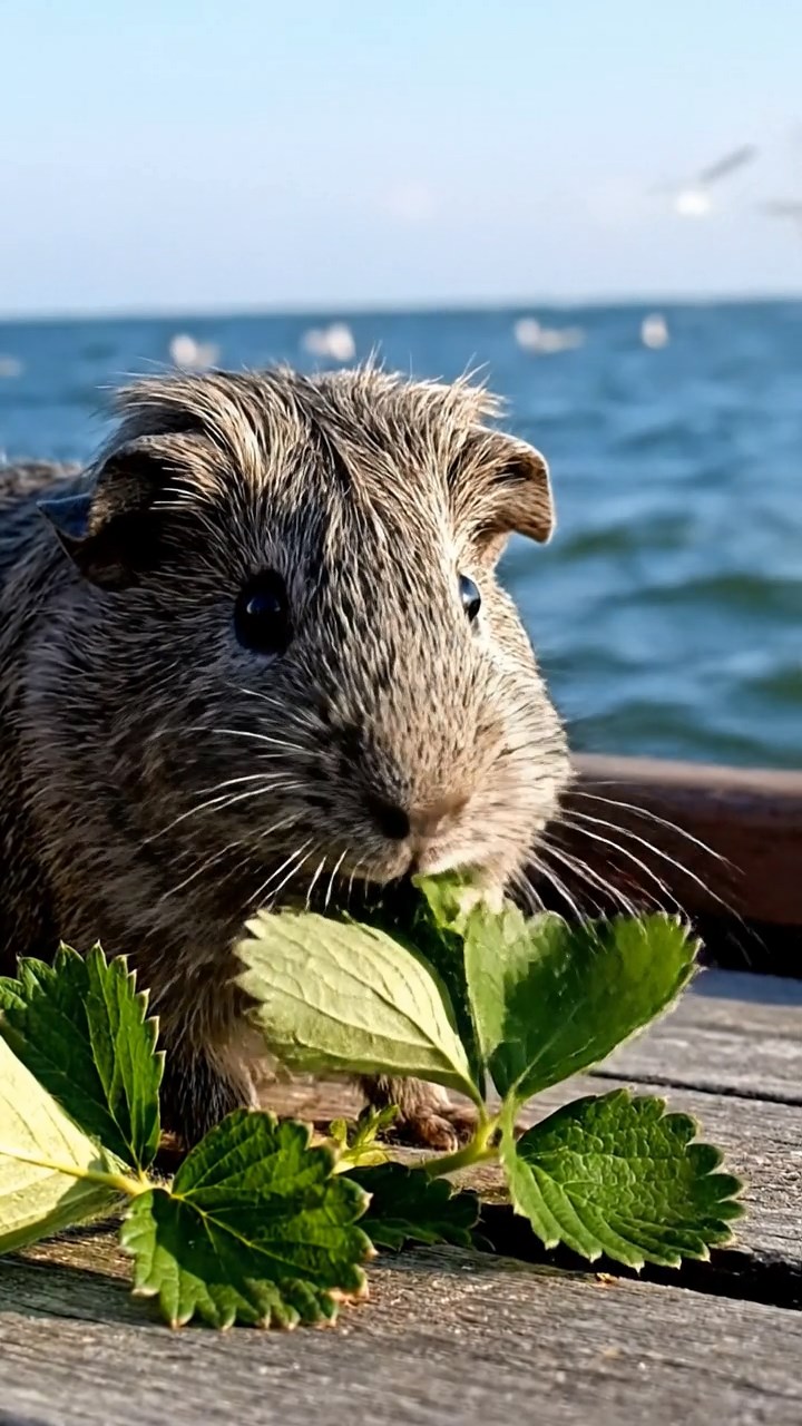 627. Highly detailed view of 2 smooth-haired Himalayan guinea pigs with Fawn and Sable fur, dressed as musicians in tiny vests, playing miniature pianos in a guinea pig concert hall with hay seats and velvet curtains, under warm spotlights, creating a realistic, elegant scene.