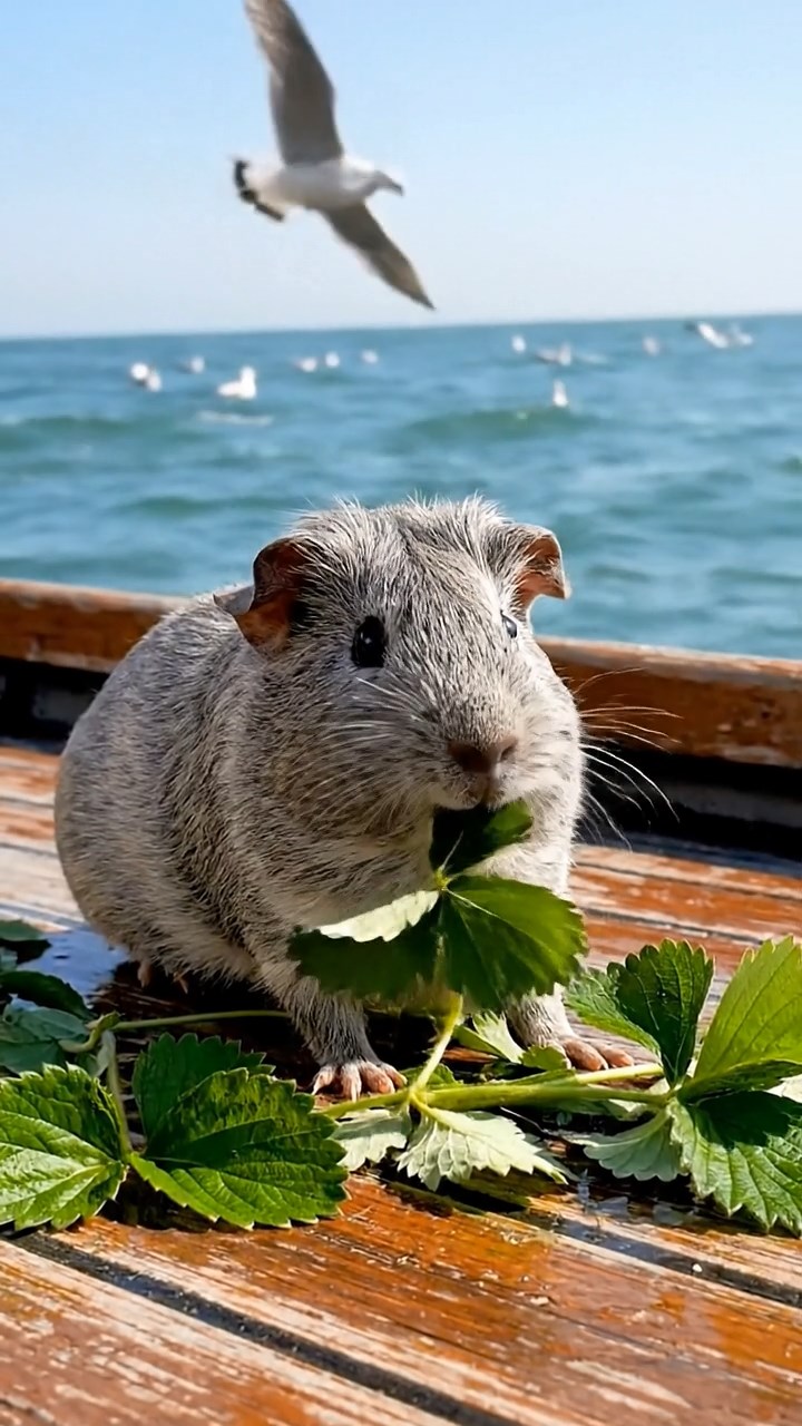 627. Highly detailed view of 2 smooth-haired Himalayan guinea pigs with Fawn and Sable fur, dressed as musicians in tiny vests, playing miniature pianos in a guinea pig concert hall with hay seats and velvet curtains, under warm spotlights, creating a realistic, elegant scene.