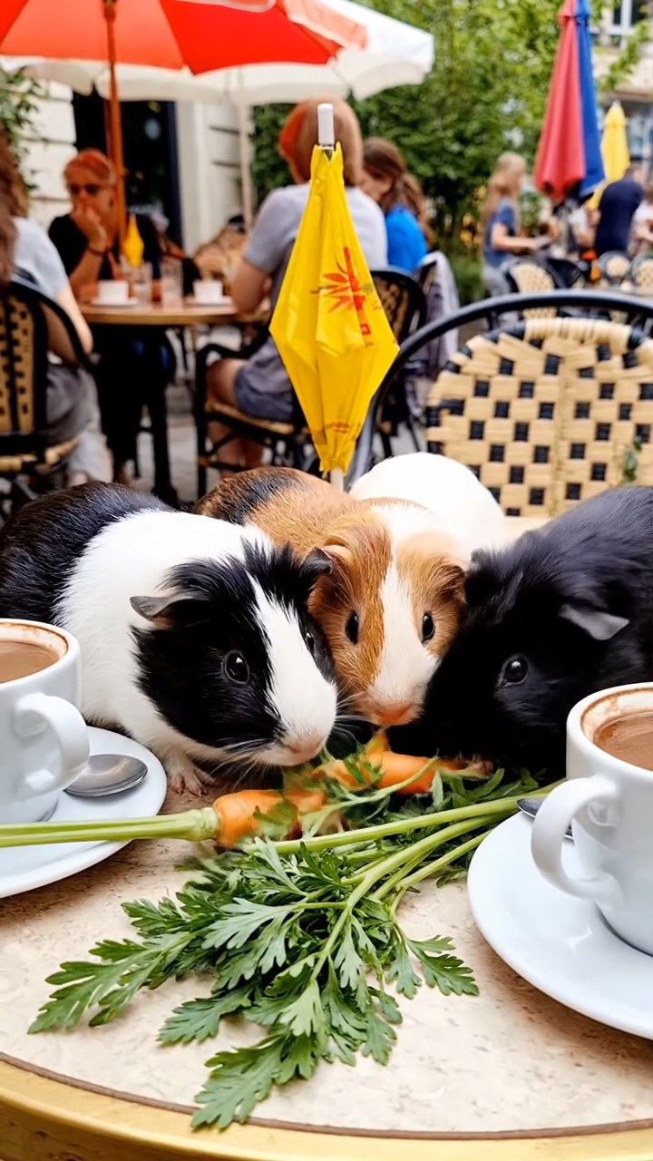 628. Realistic scene of 3 smooth-haired Californian guinea pigs with Chocolate, Cinnamon, and Gray fur, grooming each other in a lush meadow with scattered wildflowers and a babbling brook, under golden sunlight, enhancing the authentic, social atmosphere.
