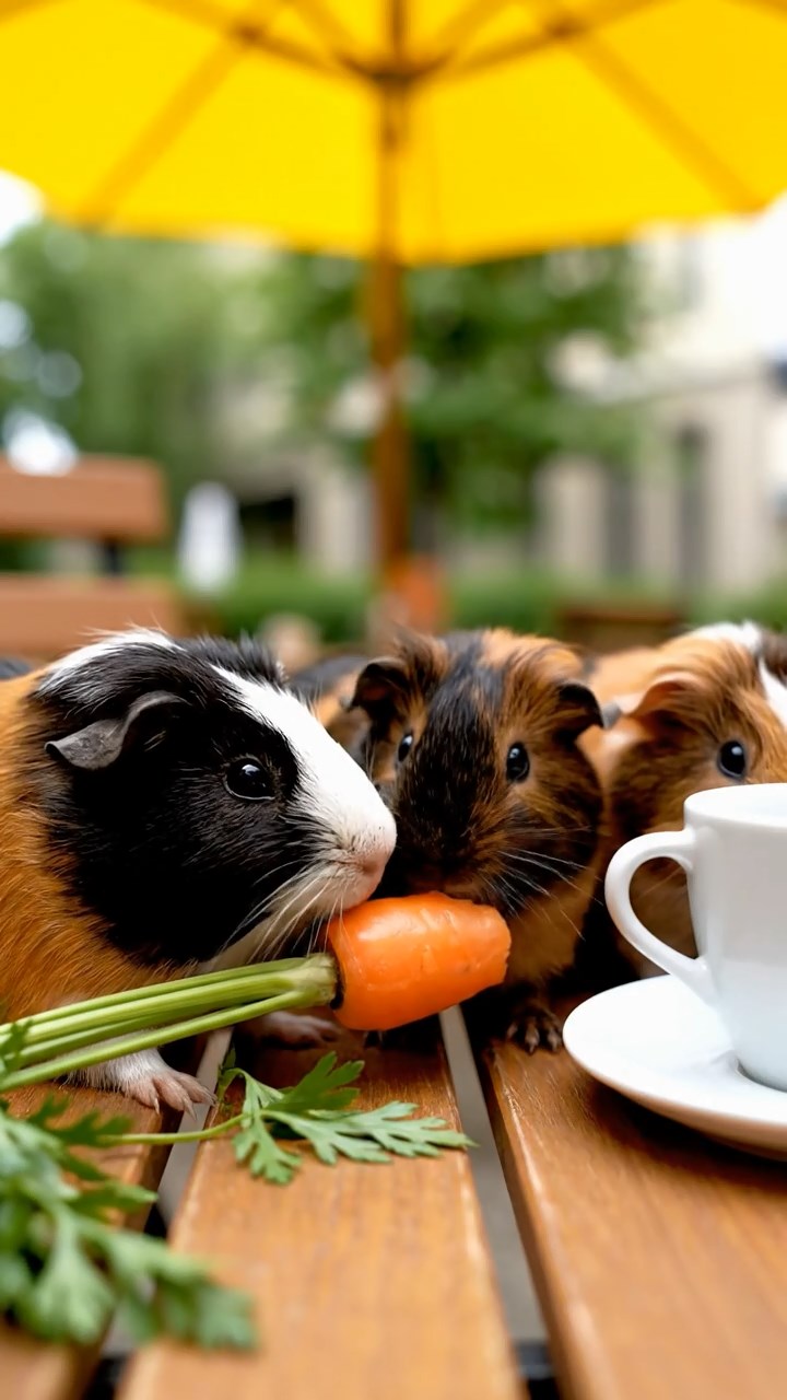 628. Realistic scene of 3 smooth-haired Californian guinea pigs with Chocolate, Cinnamon, and Gray fur, grooming each other in a lush meadow with scattered wildflowers and a babbling brook, under golden sunlight, enhancing the authentic, social atmosphere.