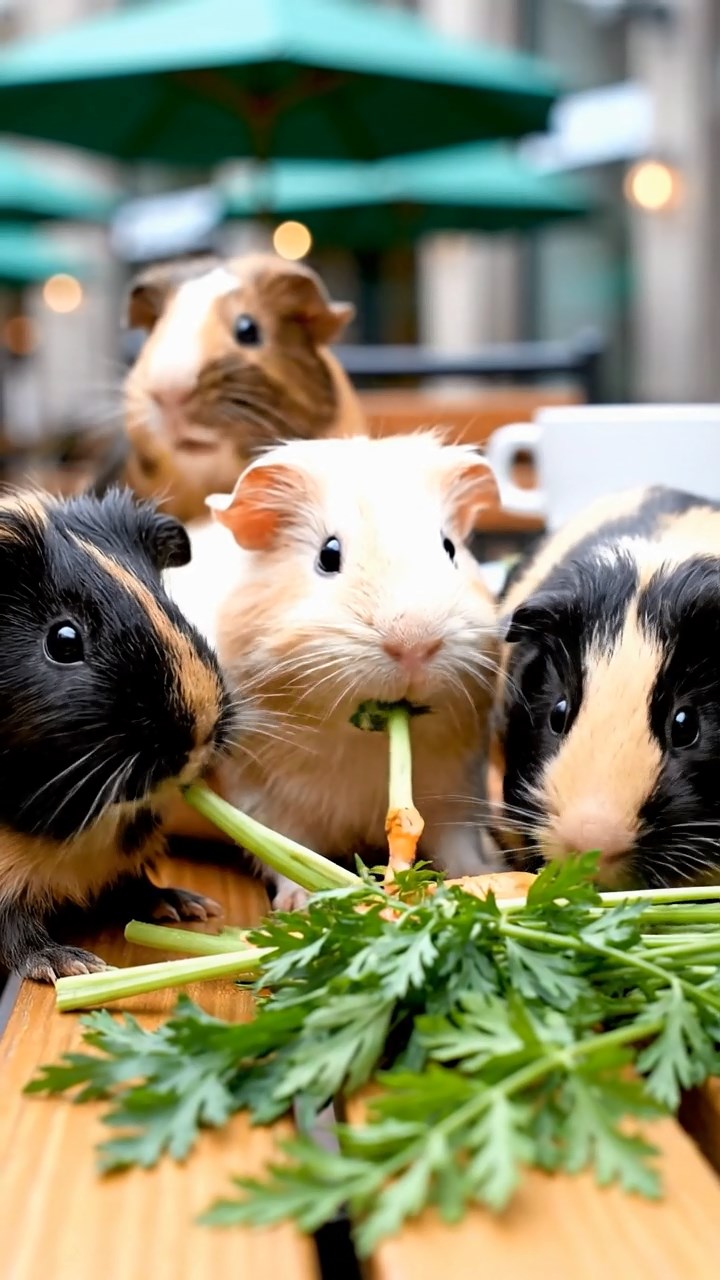 628. Realistic scene of 3 smooth-haired Californian guinea pigs with Chocolate, Cinnamon, and Gray fur, grooming each other in a lush meadow with scattered wildflowers and a babbling brook, under golden sunlight, enhancing the authentic, social atmosphere.