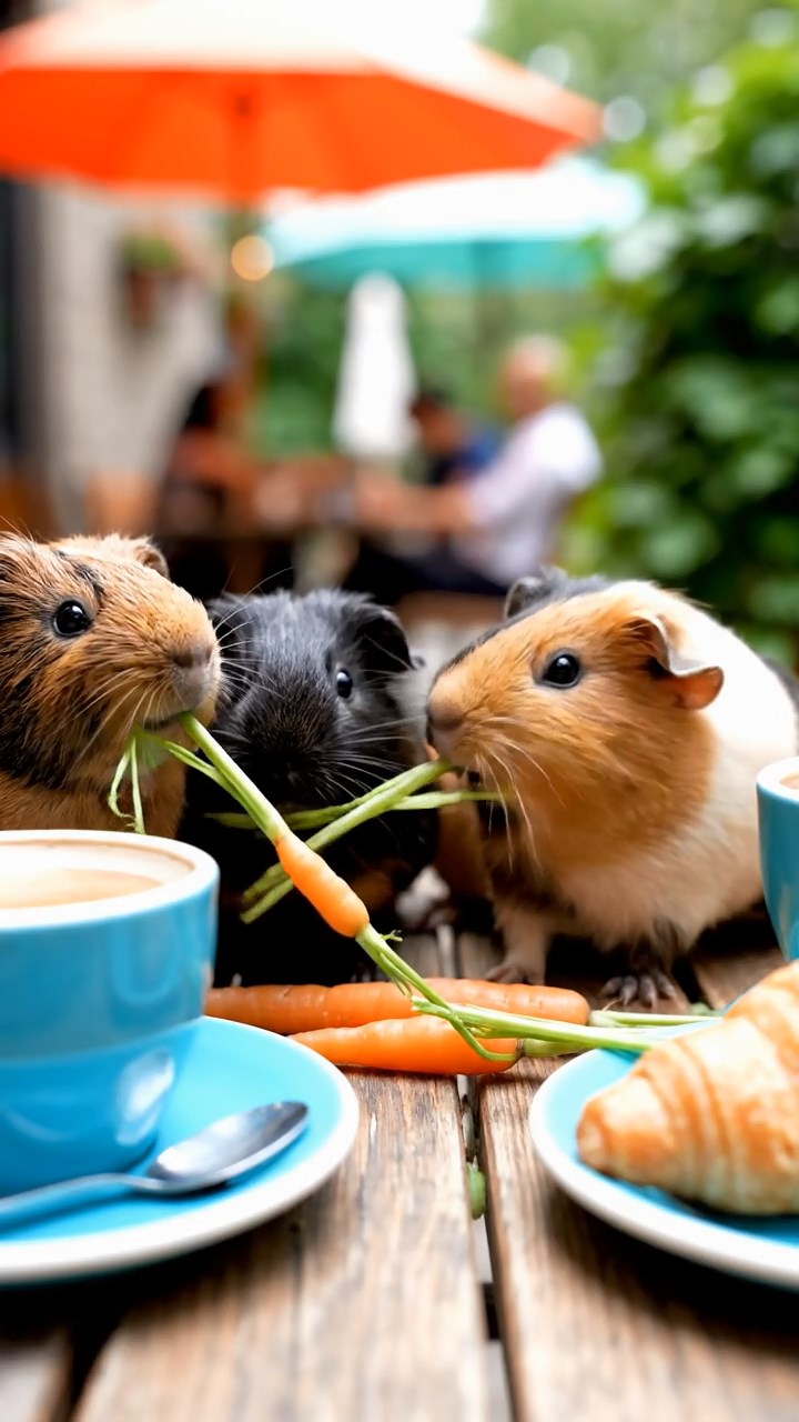628. Realistic scene of 3 smooth-haired Californian guinea pigs with Chocolate, Cinnamon, and Gray fur, grooming each other in a lush meadow with scattered wildflowers and a babbling brook, under golden sunlight, enhancing the authentic, social atmosphere.