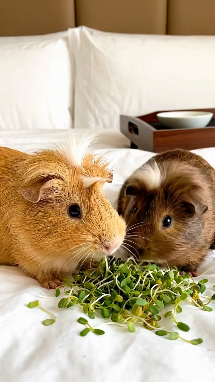 629. Detailed photo of 4 smooth-haired American guinea pigs with White, Orange, Black, and Brown fur, dressed as doctors in tiny white coats, examining patients in a guinea pig hospital with miniature beds and medical charts, under bright lights, creating a vivid, lifelike medical scene.