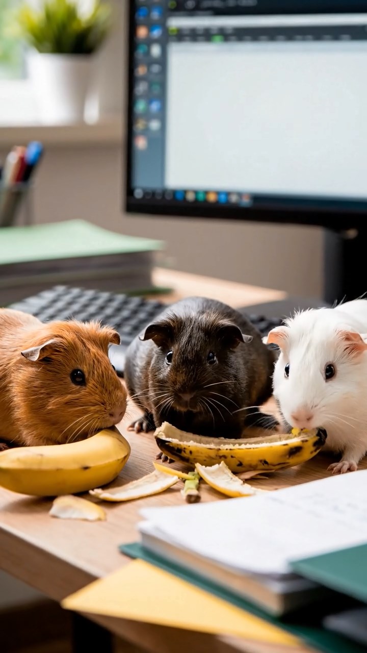 630. Photorealistic scene of 5 smooth-haired Teddy guinea pigs with Cream, Fawn, Sable, Gray, and Cinnamon fur, play-fighting in a grassy clearing with soft moss and scattered twigs, under gentle morning light, capturing a realistic, playful woodland moment.