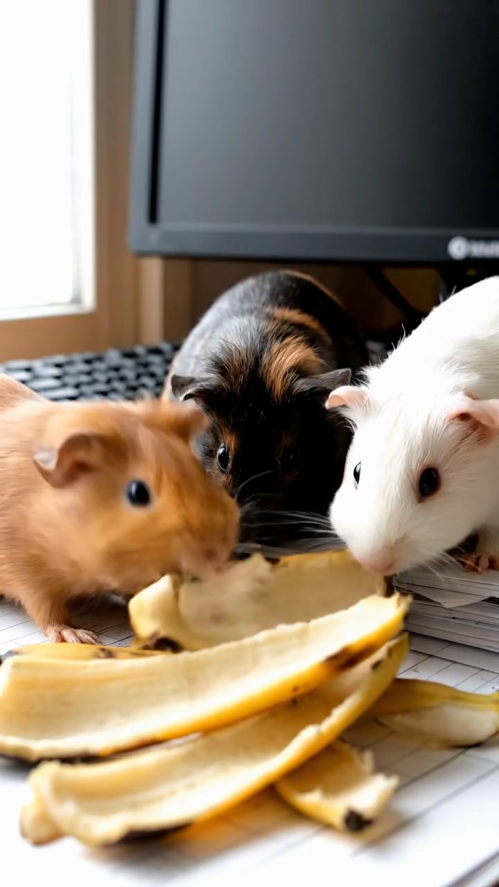 630. Photorealistic scene of 5 smooth-haired Teddy guinea pigs with Cream, Fawn, Sable, Gray, and Cinnamon fur, play-fighting in a grassy clearing with soft moss and scattered twigs, under gentle morning light, capturing a realistic, playful woodland moment.