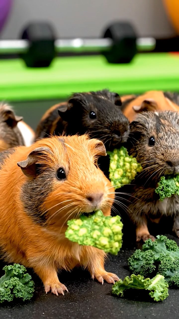 631. Highly detailed view of 1 smooth-haired Himalayan guinea pig with White fur, munching on bell peppers, in a vibrant vegetable garden with rows of tomatoes and lettuce, under bright sunlight, creating a realistic, colorful rural scene.