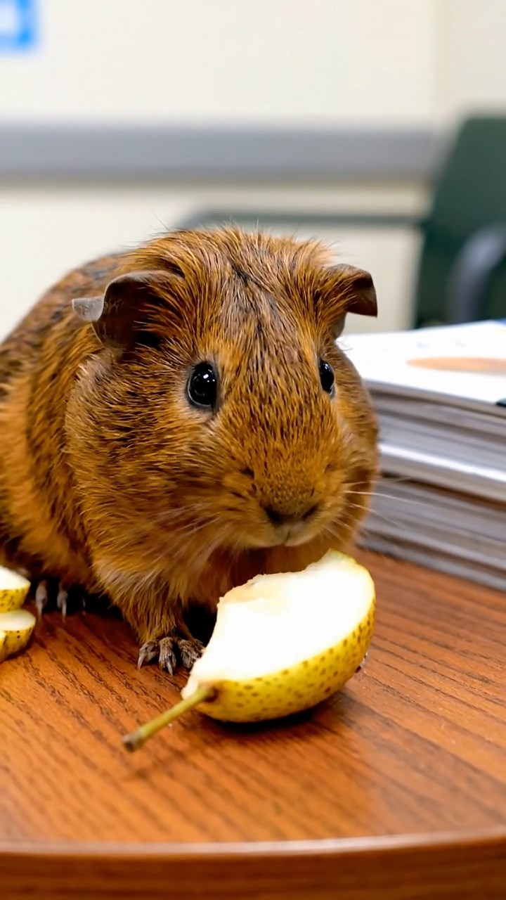 632. Realistic scene of 2 smooth-haired Californian guinea pigs with Orange and Black fur, dressed as tailors in tiny vests, sewing miniature coats in a guinea pig atelier with colorful fabrics and hay mannequins, under warm lamplight, enhancing the lifelike, creative atmosphere.