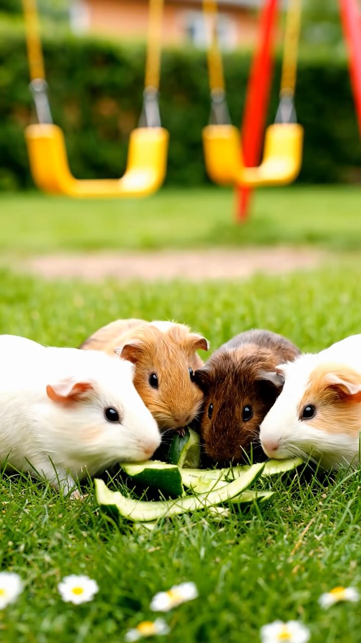 633. Detailed photo of 3 smooth-haired American guinea pigs with Gray, Cream, and Brown fur, burrowing like rabbits in a sandy dune with sparse grass and distant cacti, under a golden sunset, creating a vivid, realistic desert scene.