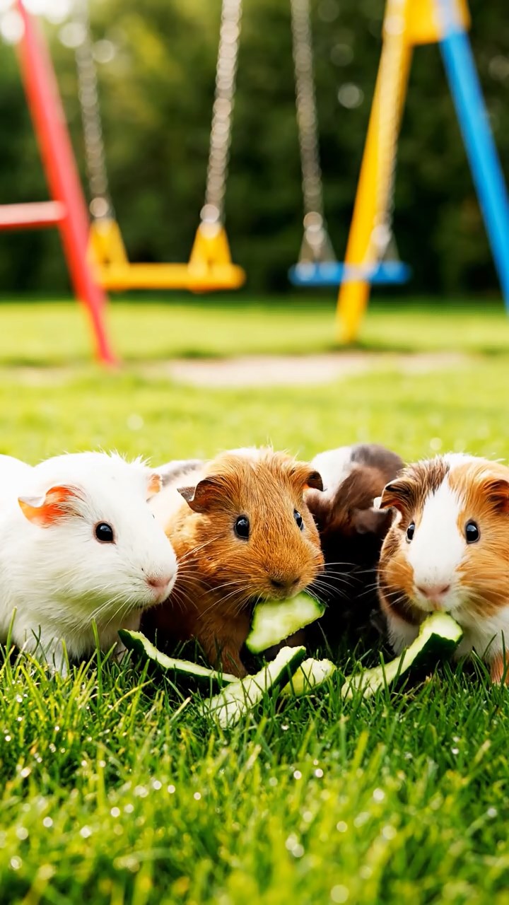 633. Detailed photo of 3 smooth-haired American guinea pigs with Gray, Cream, and Brown fur, burrowing like rabbits in a sandy dune with sparse grass and distant cacti, under a golden sunset, creating a vivid, realistic desert scene.