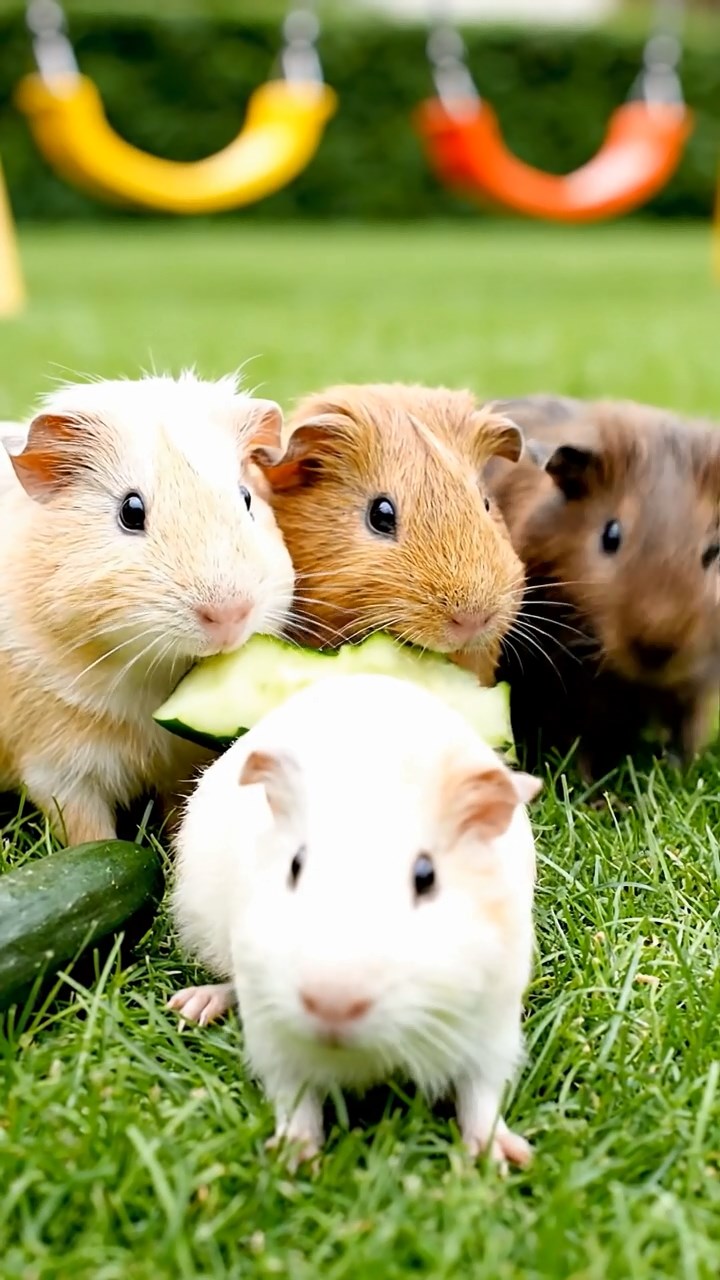 633. Detailed photo of 3 smooth-haired American guinea pigs with Gray, Cream, and Brown fur, burrowing like rabbits in a sandy dune with sparse grass and distant cacti, under a golden sunset, creating a vivid, realistic desert scene.