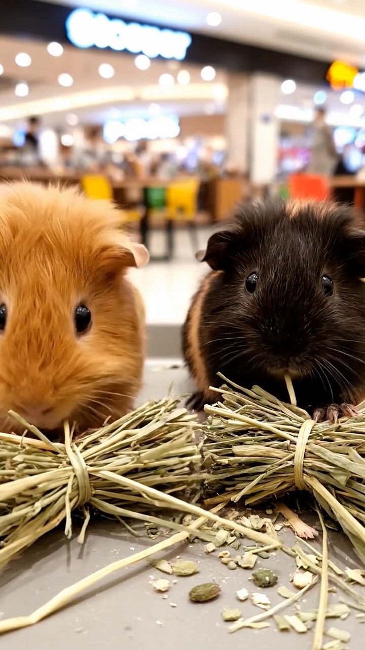 634. Photorealistic scene of 4 smooth-haired Teddy guinea pigs with Fawn, Chocolate, Cinnamon, and Sable fur, dressed as librarians in tiny glasses, organizing miniature books in a guinea pig library with hay shelves and soft lamplight, capturing a realistic, cozy moment.