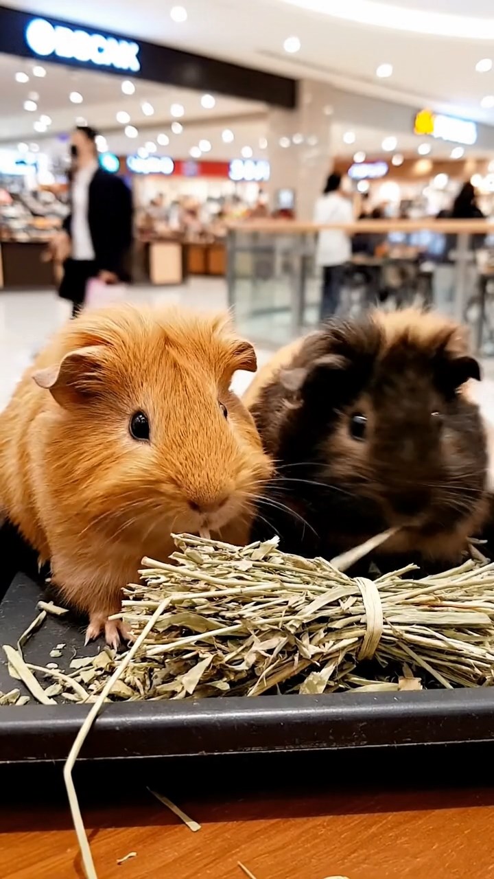 634. Photorealistic scene of 4 smooth-haired Teddy guinea pigs with Fawn, Chocolate, Cinnamon, and Sable fur, dressed as librarians in tiny glasses, organizing miniature books in a guinea pig library with hay shelves and soft lamplight, capturing a realistic, cozy moment.