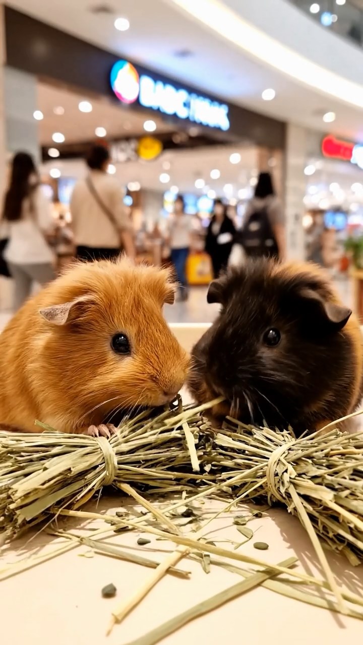 634. Photorealistic scene of 4 smooth-haired Teddy guinea pigs with Fawn, Chocolate, Cinnamon, and Sable fur, dressed as librarians in tiny glasses, organizing miniature books in a guinea pig library with hay shelves and soft lamplight, capturing a realistic, cozy moment.