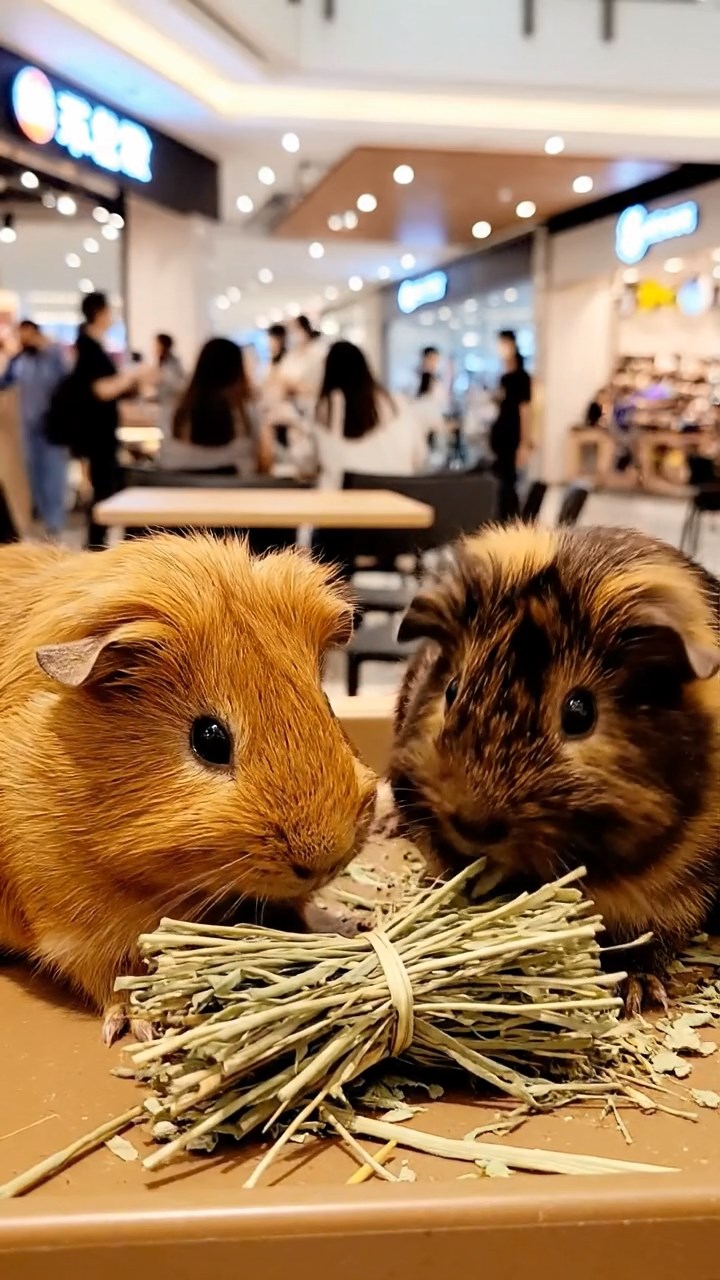 634. Photorealistic scene of 4 smooth-haired Teddy guinea pigs with Fawn, Chocolate, Cinnamon, and Sable fur, dressed as librarians in tiny glasses, organizing miniature books in a guinea pig library with hay shelves and soft lamplight, capturing a realistic, cozy moment.
