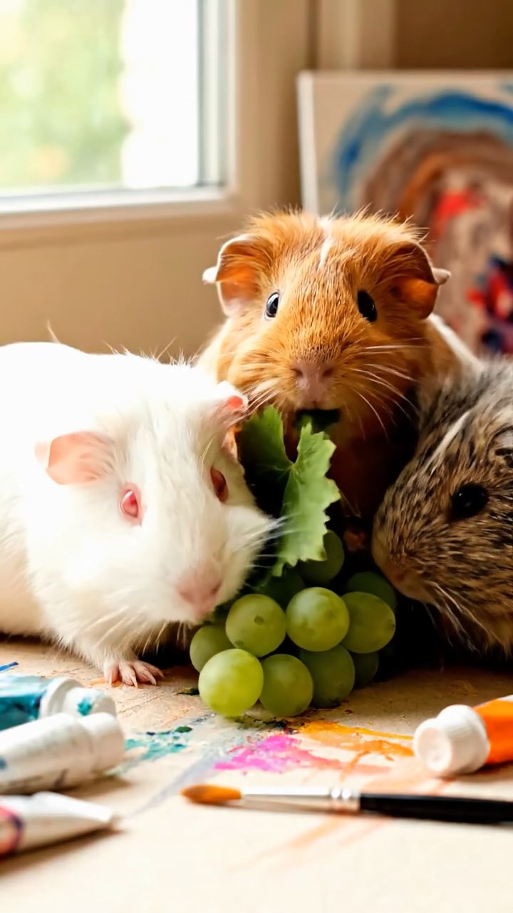 635. Highly detailed view of 5 smooth-haired Himalayan guinea pigs with White, Orange, Gray, Black, and Brown fur, foraging for wild herbs in a lush meadow with wildflowers and a babbling brook, under soft morning light, creating a realistic, serene pastoral scene.