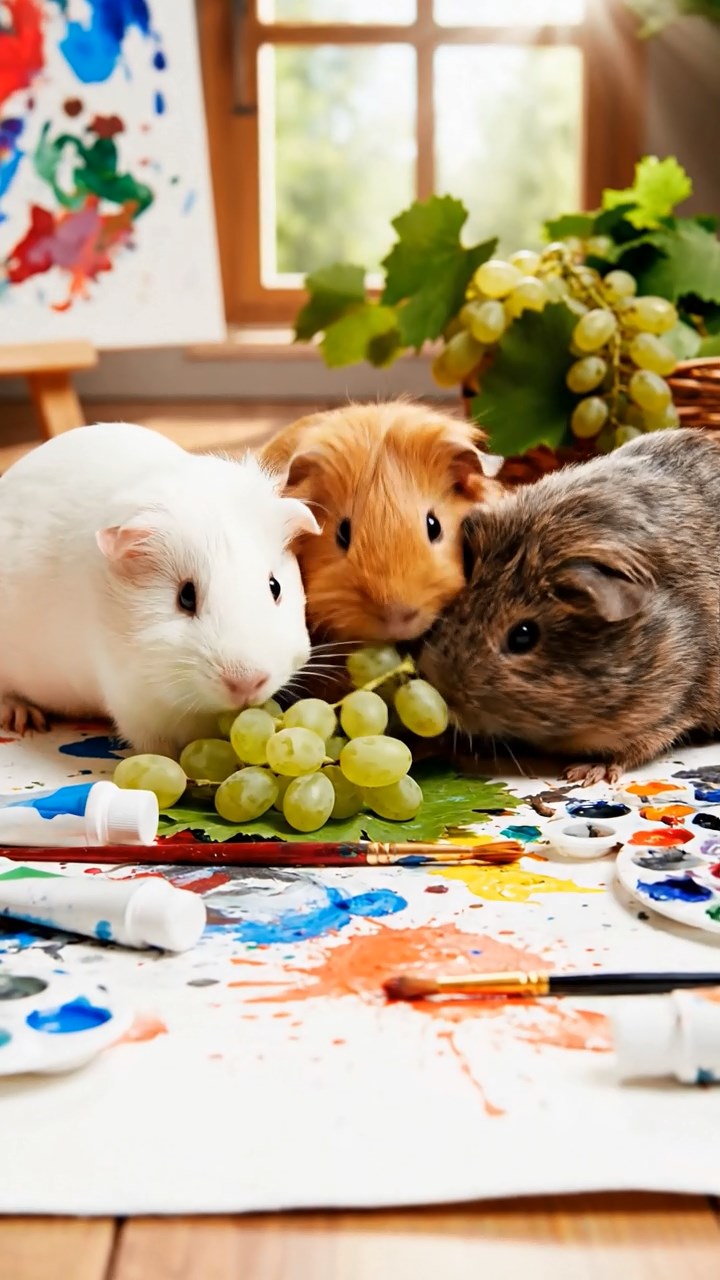 635. Highly detailed view of 5 smooth-haired Himalayan guinea pigs with White, Orange, Gray, Black, and Brown fur, foraging for wild herbs in a lush meadow with wildflowers and a babbling brook, under soft morning light, creating a realistic, serene pastoral scene.