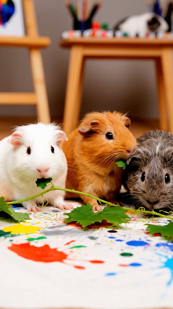 635. Highly detailed view of 5 smooth-haired Himalayan guinea pigs with White, Orange, Gray, Black, and Brown fur, foraging for wild herbs in a lush meadow with wildflowers and a babbling brook, under soft morning light, creating a realistic, serene pastoral scene.