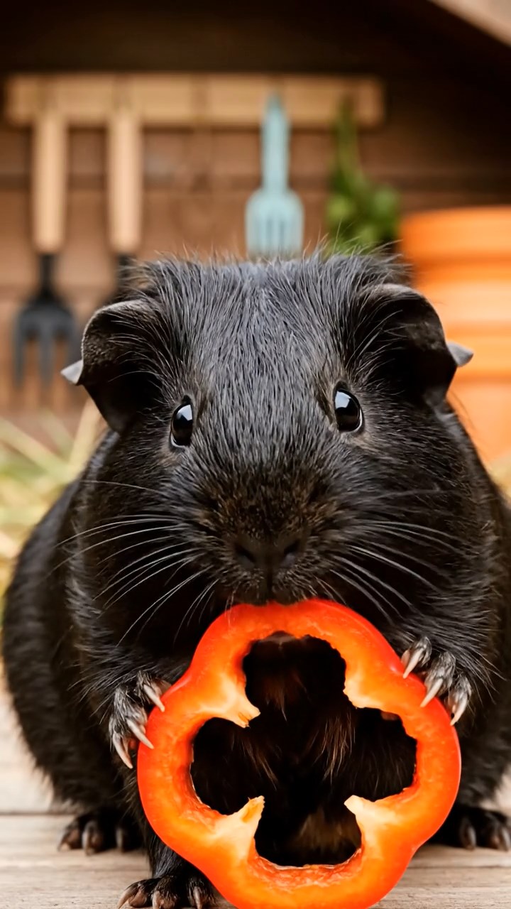 636. Realistic scene of 1 smooth-haired Californian guinea pig with Cream fur, nibbling on strawberries, in a fragrant rose garden with blooming red and white roses, under warm sunlight, capturing a vivid, lifelike romantic moment.