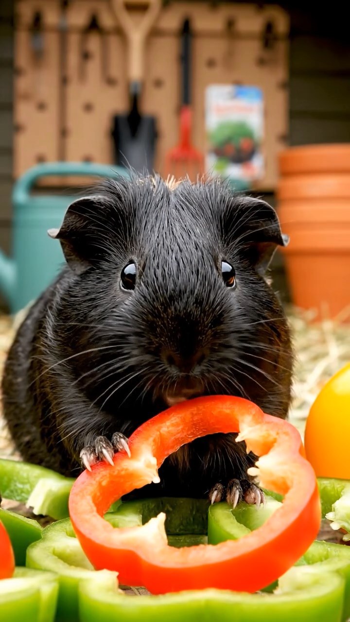 636. Realistic scene of 1 smooth-haired Californian guinea pig with Cream fur, nibbling on strawberries, in a fragrant rose garden with blooming red and white roses, under warm sunlight, capturing a vivid, lifelike romantic moment.