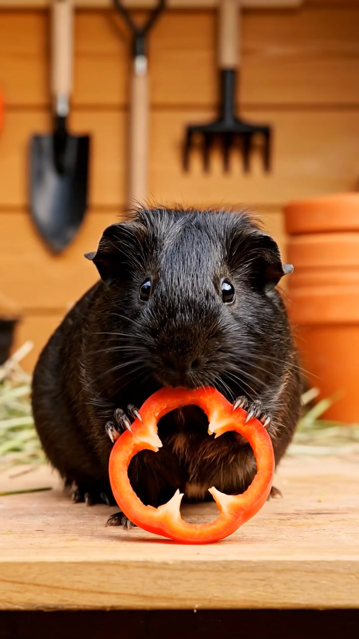 636. Realistic scene of 1 smooth-haired Californian guinea pig with Cream fur, nibbling on strawberries, in a fragrant rose garden with blooming red and white roses, under warm sunlight, capturing a vivid, lifelike romantic moment.