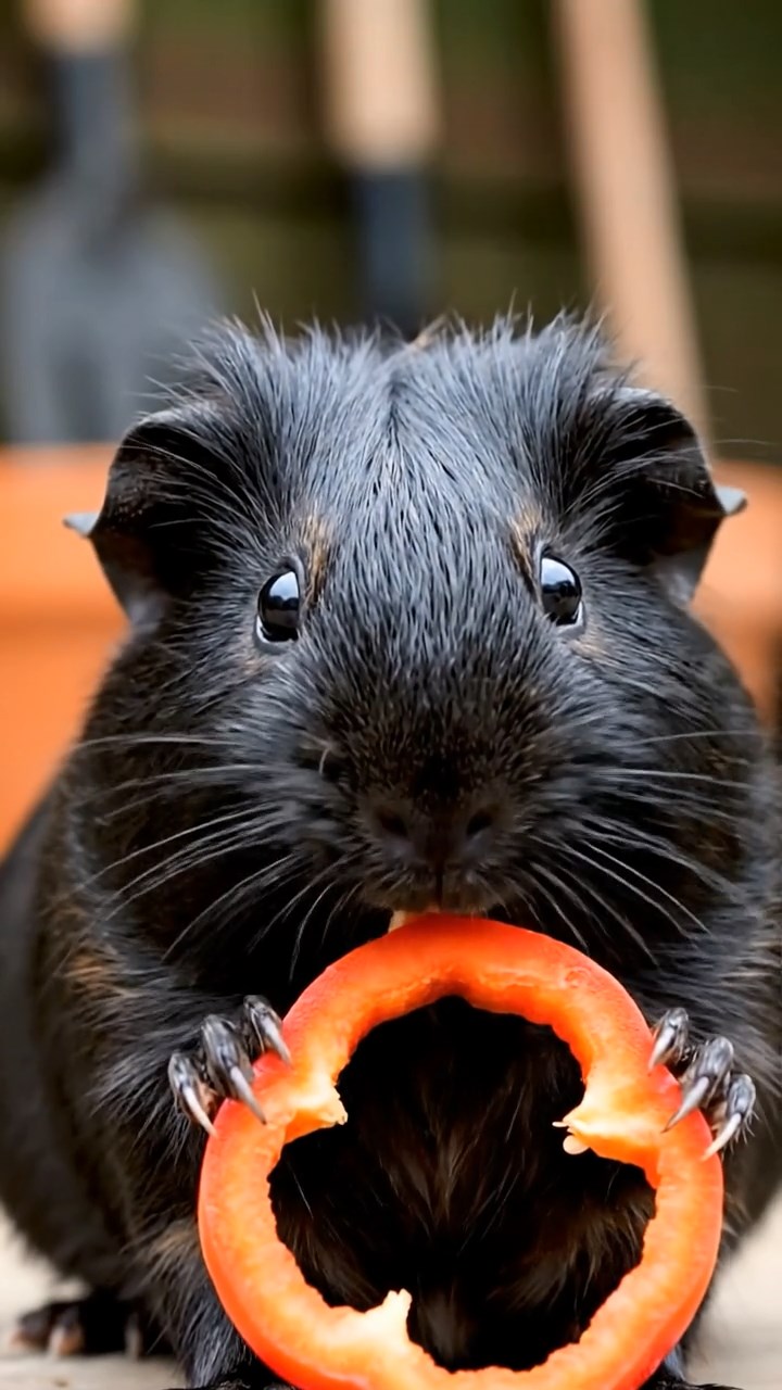 636. Realistic scene of 1 smooth-haired Californian guinea pig with Cream fur, nibbling on strawberries, in a fragrant rose garden with blooming red and white roses, under warm sunlight, capturing a vivid, lifelike romantic moment.