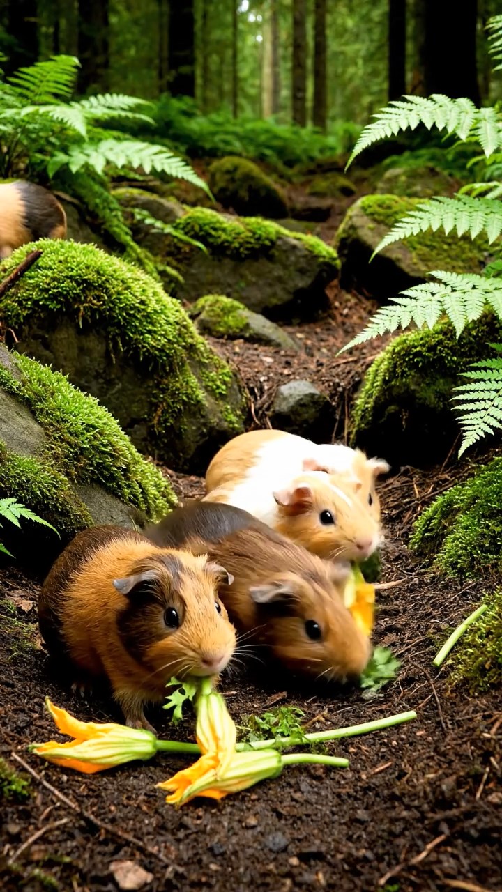 637. Detailed photo of 2 smooth-haired American guinea pigs with Fawn and Sable fur, dressed as bakers in tiny aprons, baking muffins in a guinea pig bakery with hay ovens and wooden counters, under soft lamplight, creating a realistic, cozy culinary scene.