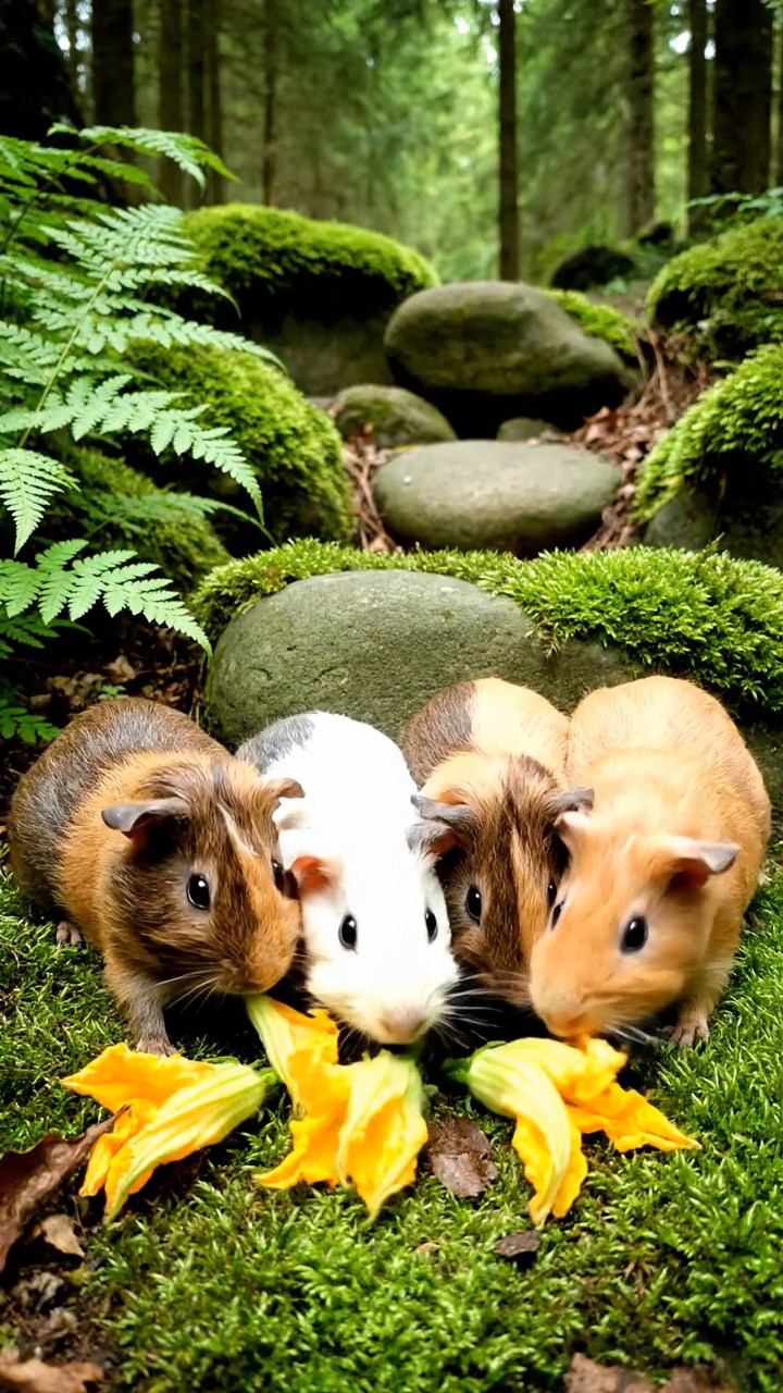 637. Detailed photo of 2 smooth-haired American guinea pigs with Fawn and Sable fur, dressed as bakers in tiny aprons, baking muffins in a guinea pig bakery with hay ovens and wooden counters, under soft lamplight, creating a realistic, cozy culinary scene.