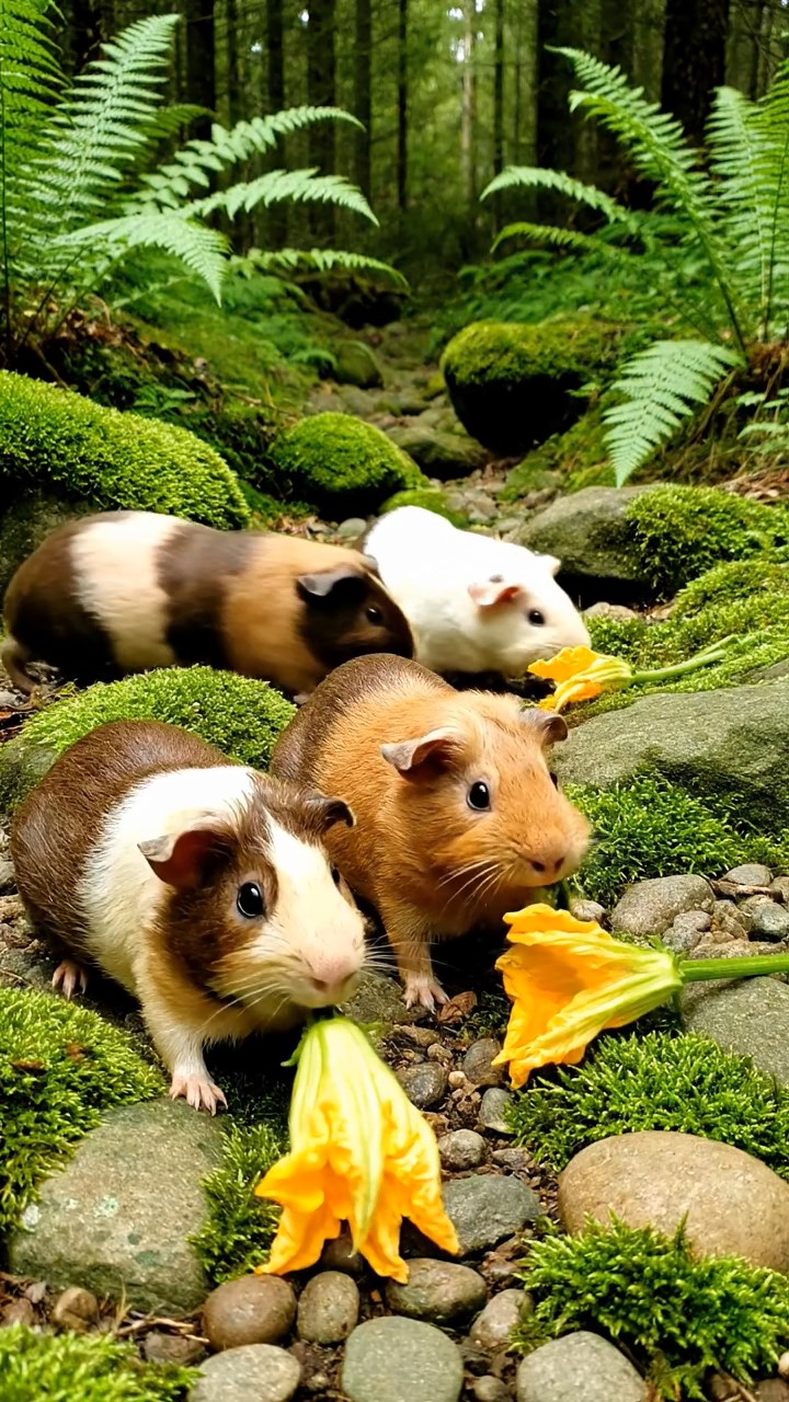 637. Detailed photo of 2 smooth-haired American guinea pigs with Fawn and Sable fur, dressed as bakers in tiny aprons, baking muffins in a guinea pig bakery with hay ovens and wooden counters, under soft lamplight, creating a realistic, cozy culinary scene.