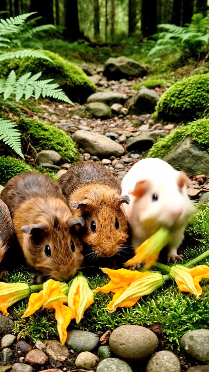 637. Detailed photo of 2 smooth-haired American guinea pigs with Fawn and Sable fur, dressed as bakers in tiny aprons, baking muffins in a guinea pig bakery with hay ovens and wooden counters, under soft lamplight, creating a realistic, cozy culinary scene.