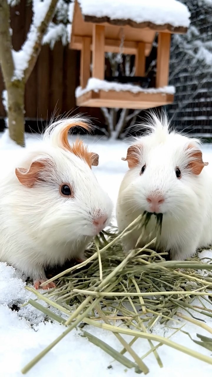 639. Highly detailed view of 4 smooth-haired Himalayan guinea pigs with White, Orange, Black, and Brown fur, dressed as writers in tiny scarves, drafting novels in a guinea pig study with miniature books and hay desks, under warm lamplight, creating a vivid, realistic literary scene.