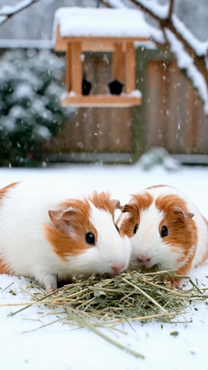 639. Highly detailed view of 4 smooth-haired Himalayan guinea pigs with White, Orange, Black, and Brown fur, dressed as writers in tiny scarves, drafting novels in a guinea pig study with miniature books and hay desks, under warm lamplight, creating a vivid, realistic literary scene.