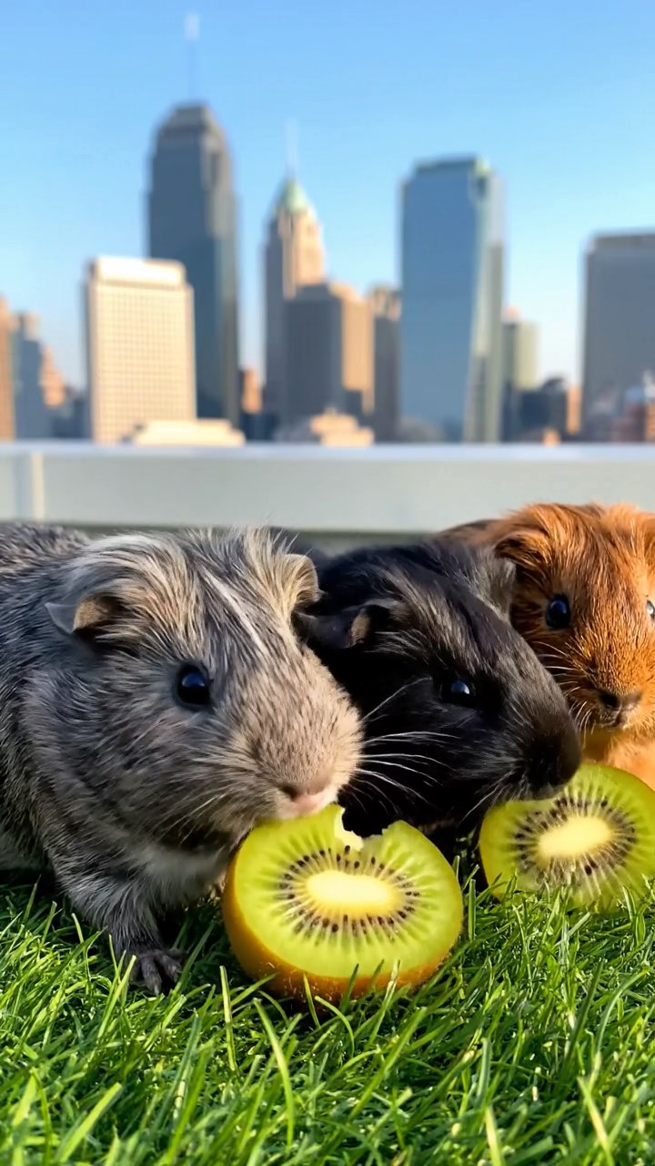640. Realistic scene of 5 smooth-haired Californian guinea pigs with Cream, Fawn, Sable, Gray, and Cinnamon fur, sleeping in a cozy pile in a lush meadow with wildflowers and a gentle breeze, under golden sunlight, capturing a lifelike, tranquil group moment.