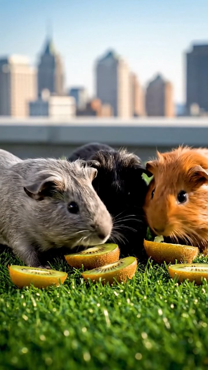 640. Realistic scene of 5 smooth-haired Californian guinea pigs with Cream, Fawn, Sable, Gray, and Cinnamon fur, sleeping in a cozy pile in a lush meadow with wildflowers and a gentle breeze, under golden sunlight, capturing a lifelike, tranquil group moment.