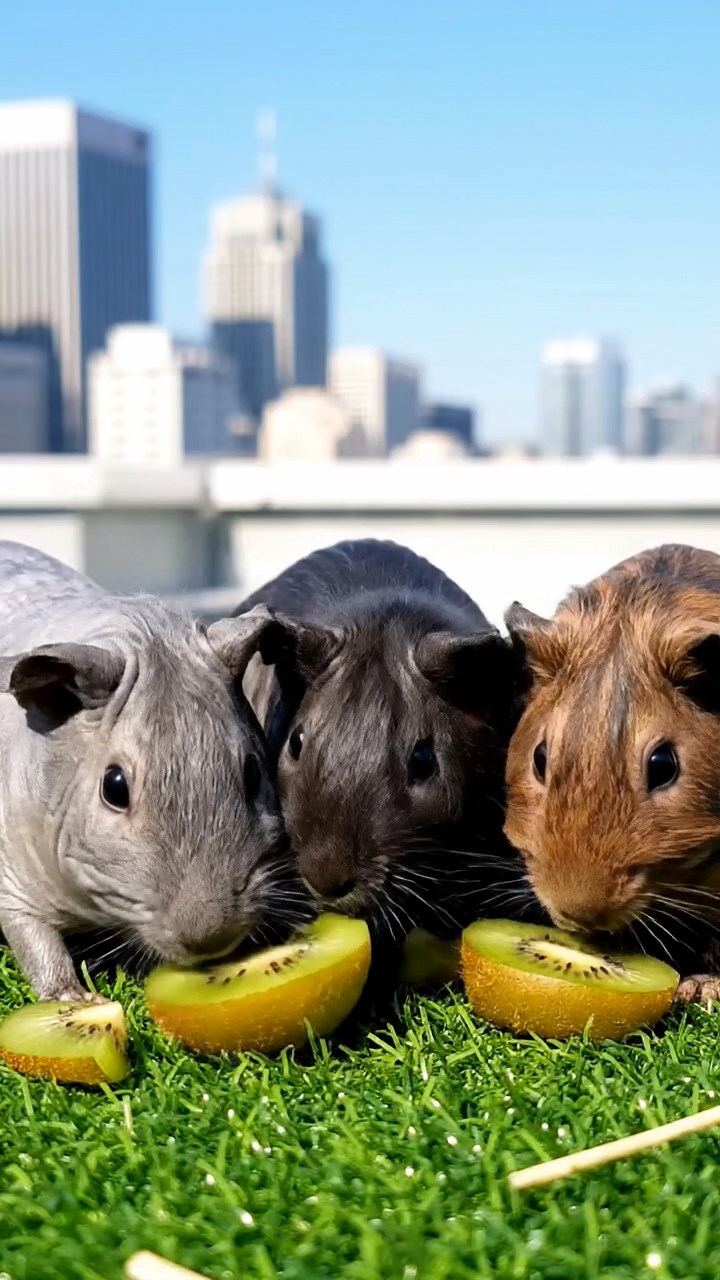 640. Realistic scene of 5 smooth-haired Californian guinea pigs with Cream, Fawn, Sable, Gray, and Cinnamon fur, sleeping in a cozy pile in a lush meadow with wildflowers and a gentle breeze, under golden sunlight, capturing a lifelike, tranquil group moment.