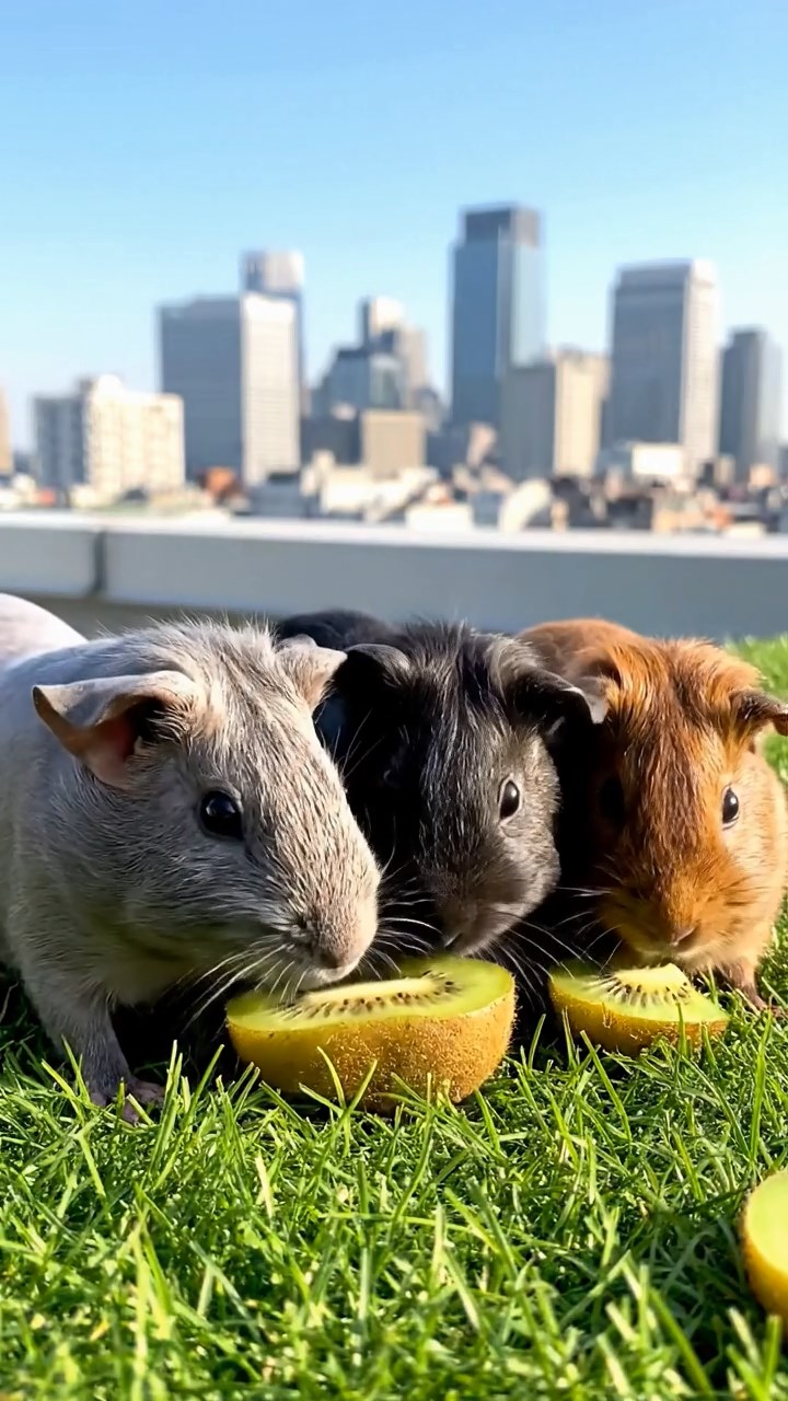 640. Realistic scene of 5 smooth-haired Californian guinea pigs with Cream, Fawn, Sable, Gray, and Cinnamon fur, sleeping in a cozy pile in a lush meadow with wildflowers and a gentle breeze, under golden sunlight, capturing a lifelike, tranquil group moment.
